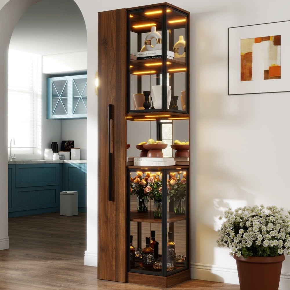 ya 28 10.13 baidi 70 Wooden Walnut Display Cabinet,w/Glass Doors, Lights,Multi-Tier Storage