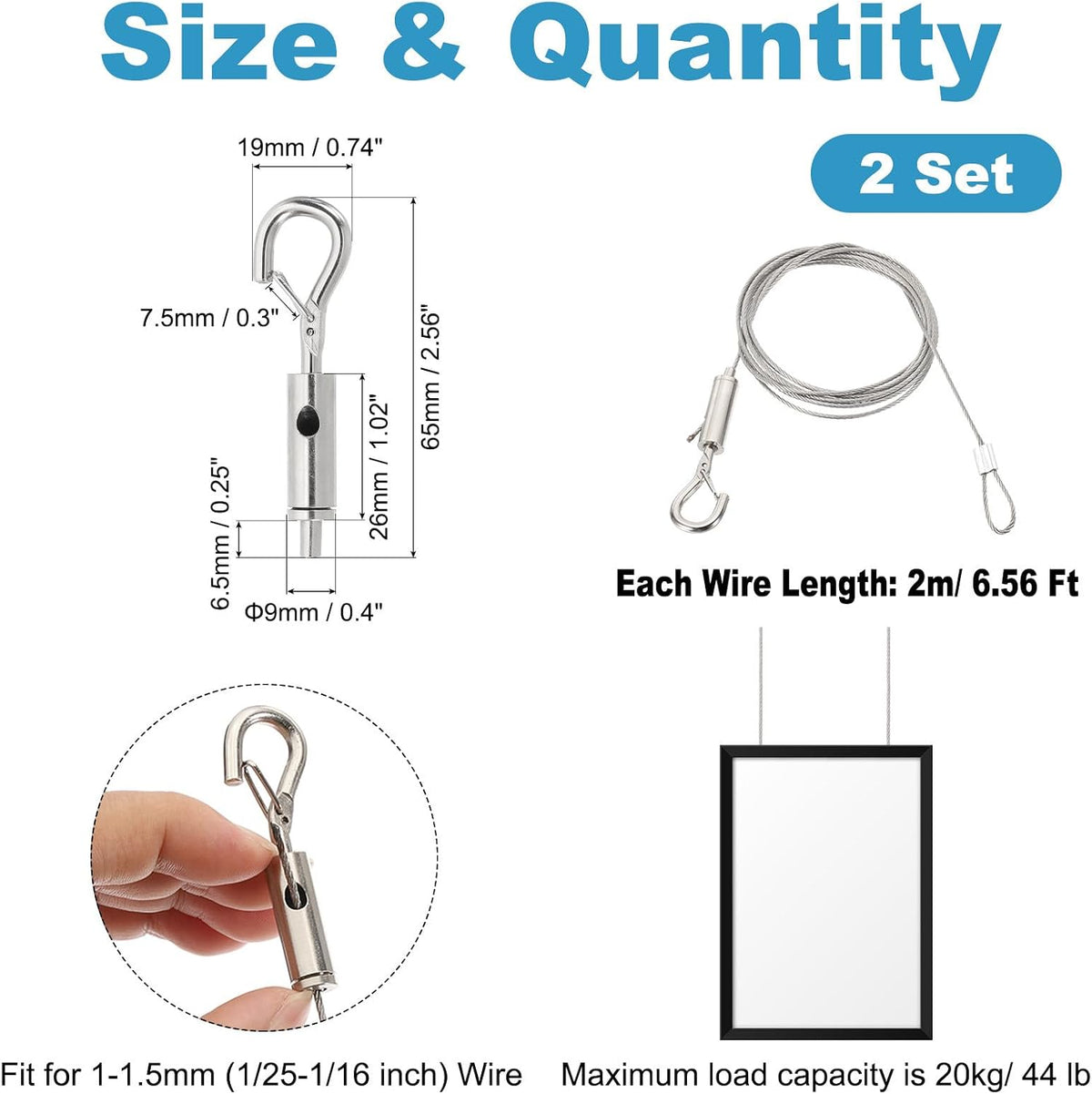 ya 26 10.21 baidi 2 Pcs 2m x 1.5mm Heavy Duty Adjustable Picture Hanging Wire Kit with Loop & Hook-2