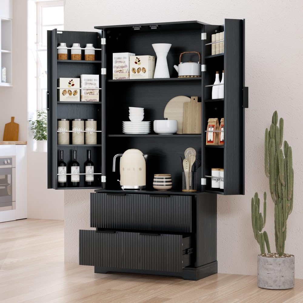 ya 28 10.13 baidi Black 72 Fluted Kitchen Pantry Modern - 2 Large Drawers, 8- Spice