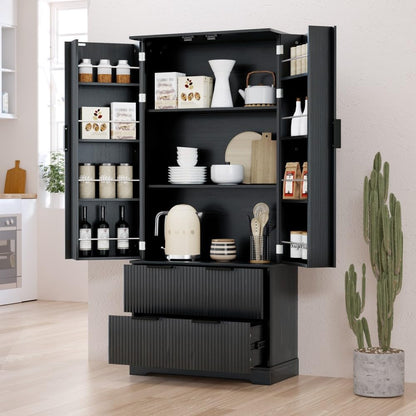 ya 28 10.13 baidi Black 72 Fluted Kitchen Pantry Modern - 2 Large Drawers, 8- Spice