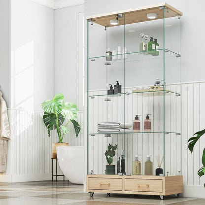 ya 28 10.13 baidi Modern Natural Glass Display Cabinet ¨C 2 Drawers, LED Lights, 4 Shelves