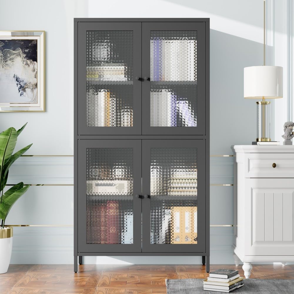 ya 28 10.13 baidi Black Classic Metal Tempered Glass Storage Cabinet - 4 Glass Doors, 4 Shelv
