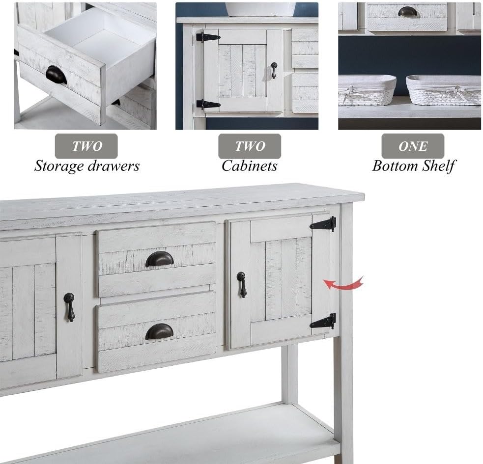 ya 28 10.13 baidi 48'' Solid Wood Sideboard - 2 Drawers+Cabinets+Bottom Shelf Antique White