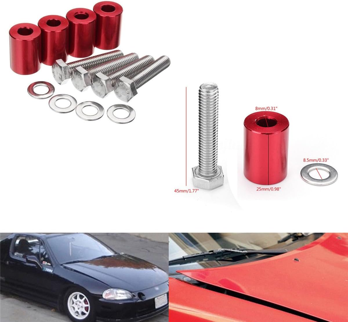 ya 4 8.14 4 Pcs Hood Risers Red Aluminum Hood Vent Spacers Kit for 8mm Bolt Turbo Engine