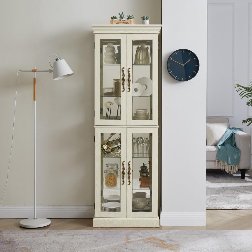 ya 28 10.13 baidi White Lighted Glass Curio Cabinet Wood Frame, Display/Wine Storage, w/Bulb