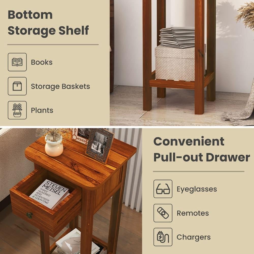 ya 28 10.13 baidi Brown 2 Tier Slim Nightstand Bedside Table Drawer Shelf Vintage Style