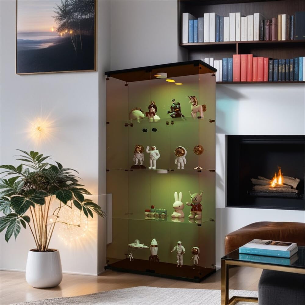ya 28 10.13 baidi Glass Display Cabinet Lighted Two Glass Cabinet 4 Shelves, Brown