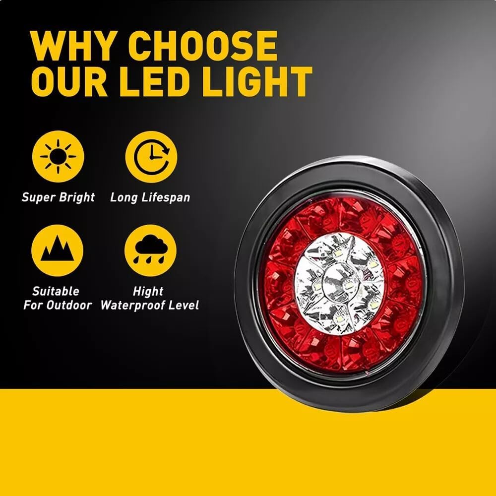 ya 13 9.15 baidi 2/4x Red/White 4inch Round 16LED Truck Trailer Brake Stop Turn Signal Tail Light