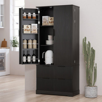 ya 28 10.13 baidi Black 72 Fluted Kitchen Pantry Modern - 2 Large Drawers, 8- Spice