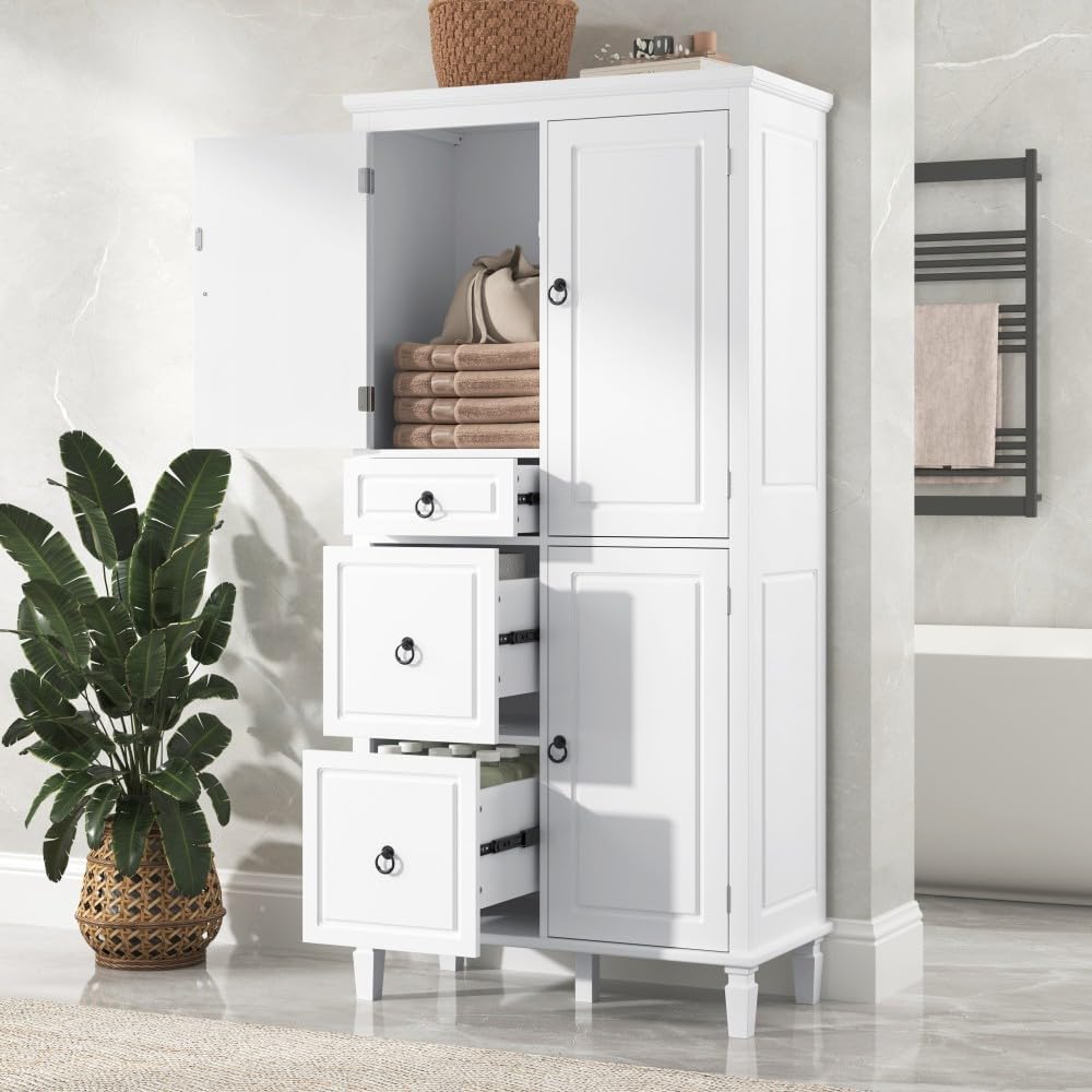 ya 28 10.13 baidi Retro White Multi-Functional Storage Cabinet - Adjustable Shelves, 3 Drawer