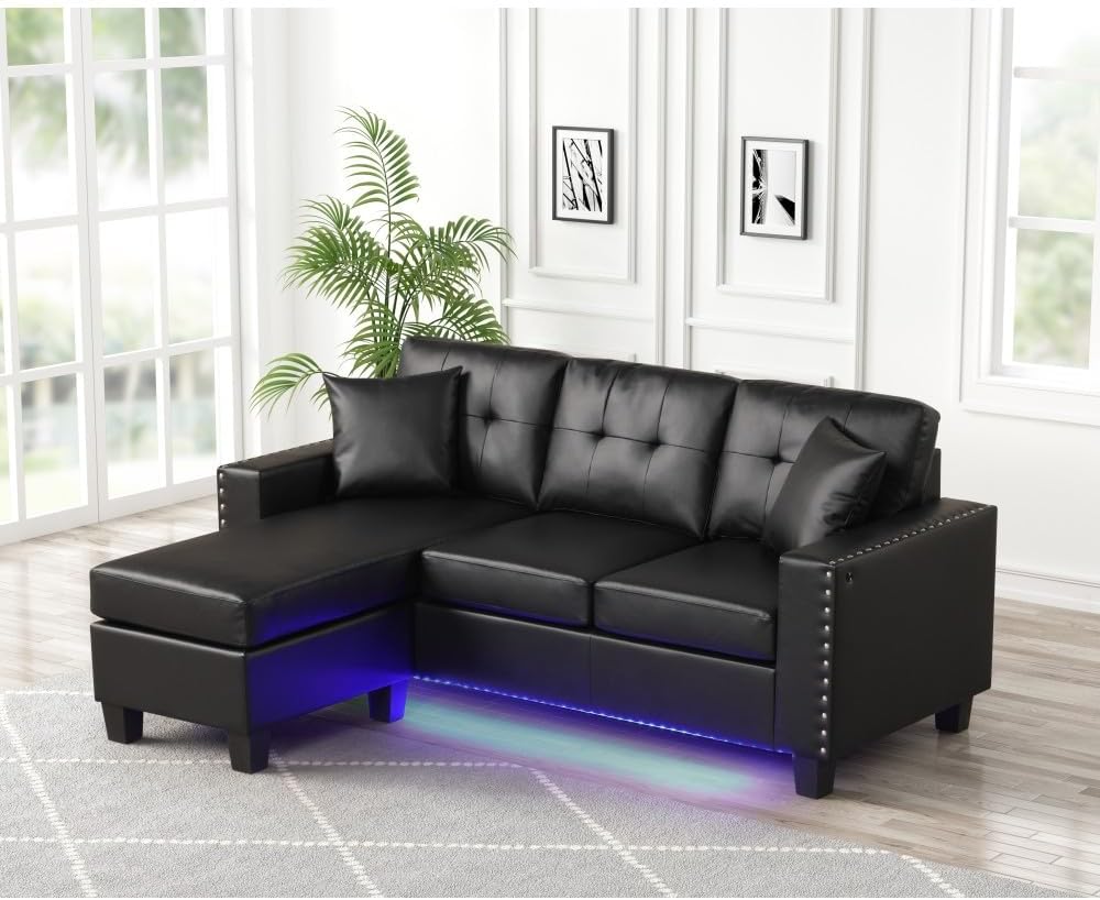 ya 28 10.13 baidi PVC Reversible Sectional Sofa Chaise Black withThrow Pillows, Tufted Cushio