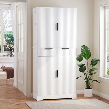 ya 28 10.13 baidi 72 Fluted Kitchen Pantry Cabinet White - Freestanding, 3 Keyboard Drawers