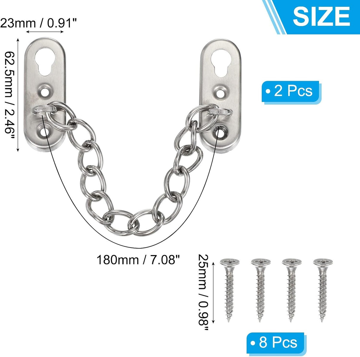 ya 26 10.21 baidi 2 Pcs 2.46 x 0.91 Door Chain Lock Latch with Spring Button Silver