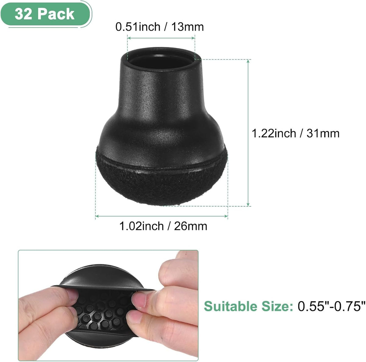 ya 26 10.21 baidi 32-Pack Chair Leg Floor Protectors, 0.55-0.75 Silicone Round C [Black]