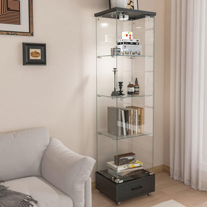 ya 28 10.13 baidi Tempered Glass Black Display Cabinet - 1- , 4 Shelves, Drawer, LED Lights