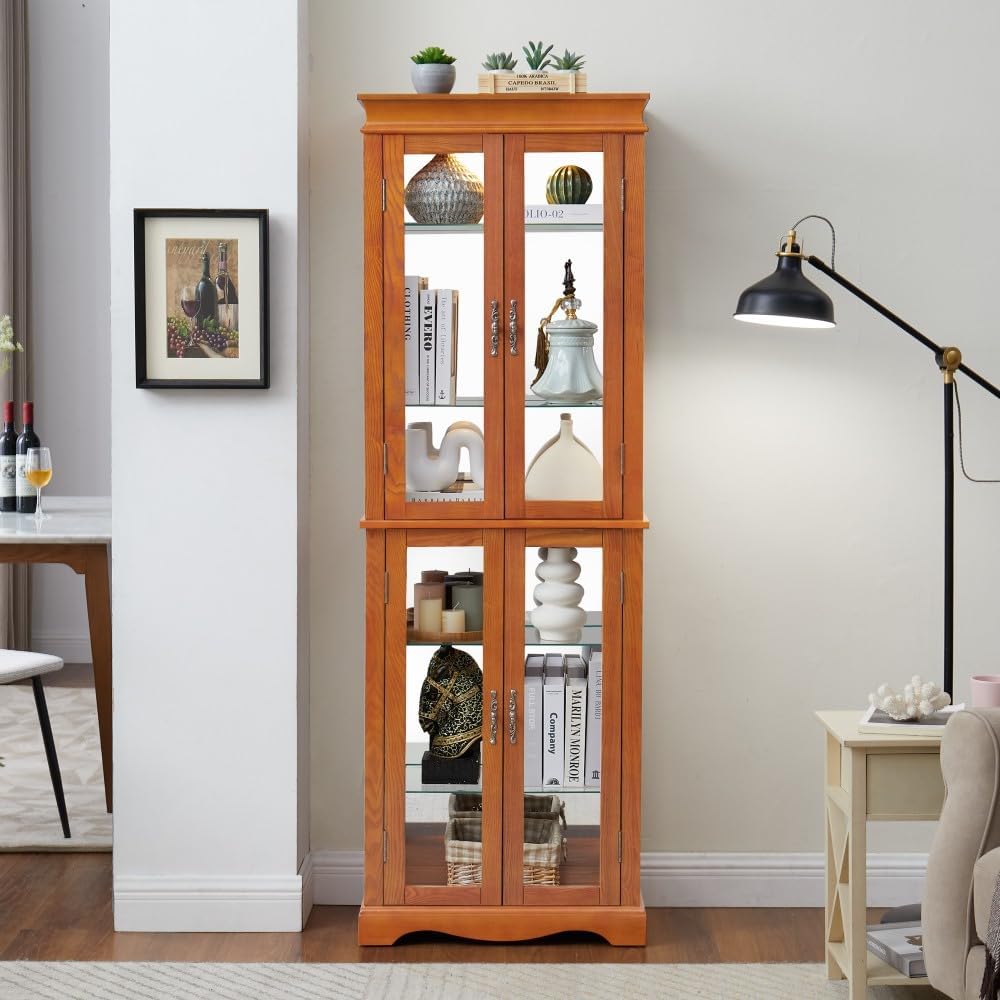 ya 28 10.13 baidi Lighted Glass Curio Display Cabinet - Wood Frame, Bulb Included, Oak