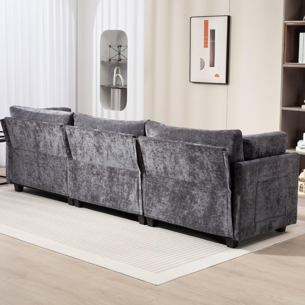 ya 28 10.13 baidi 3-Seater Dark Grey Chenille Sofa 111.42*32.28,w/ -soft Cushions&Side Pocke