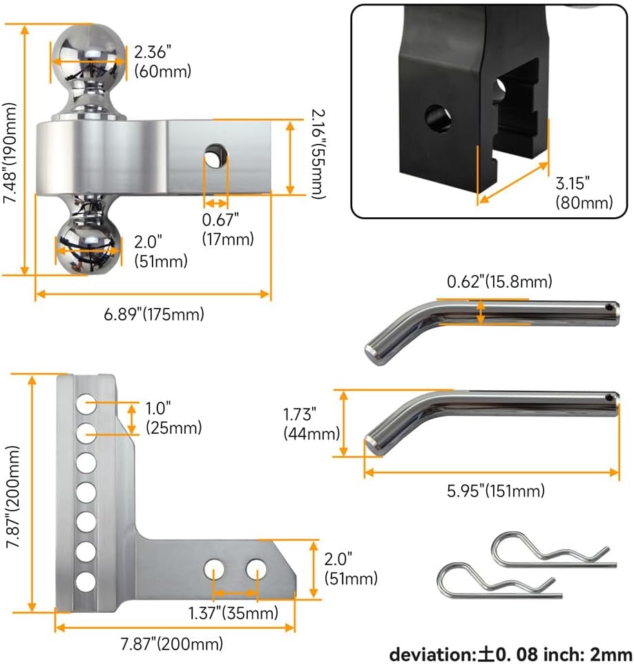 ya 4 8.8.2 2'' Receiver 6'' Drop/Rise Towing Hitch Dual Ball Trailer pins 2 &2-5/16''