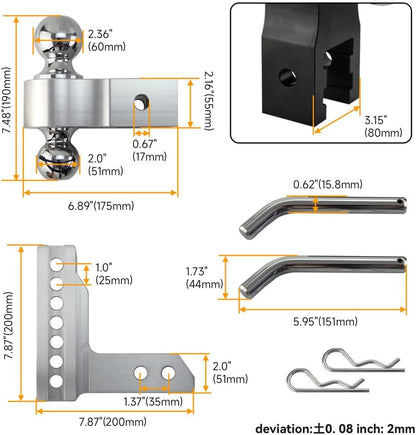 ya 4 8.8.2 2'' Receiver 6'' Drop/Rise Towing Hitch Dual Ball Trailer pins 2 &2-5/16''