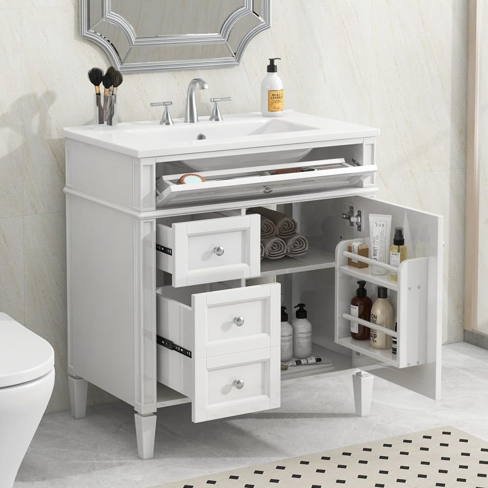 ya 28 10.13 baidi 30'' Bathroom Vanity Modern w/ Single Sink, 2 Drawers + Tip-out Drawer, Whi