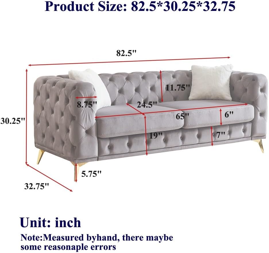 ya 28 10.13 baidi 82.5-inch Deluxe Grey Velvet Sofa - Chesterfield Tufted Buttons, 2 Pillows