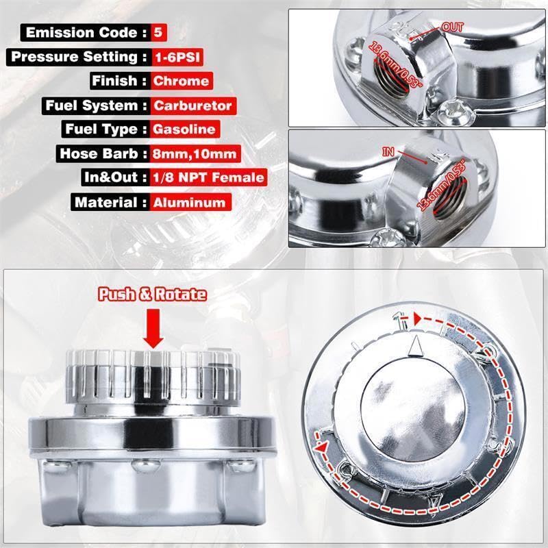 ya 2 8.15 1-6 PSI Universal Adjustable Fuel Pressure Regulator kit Suitable for Carburetor Engines