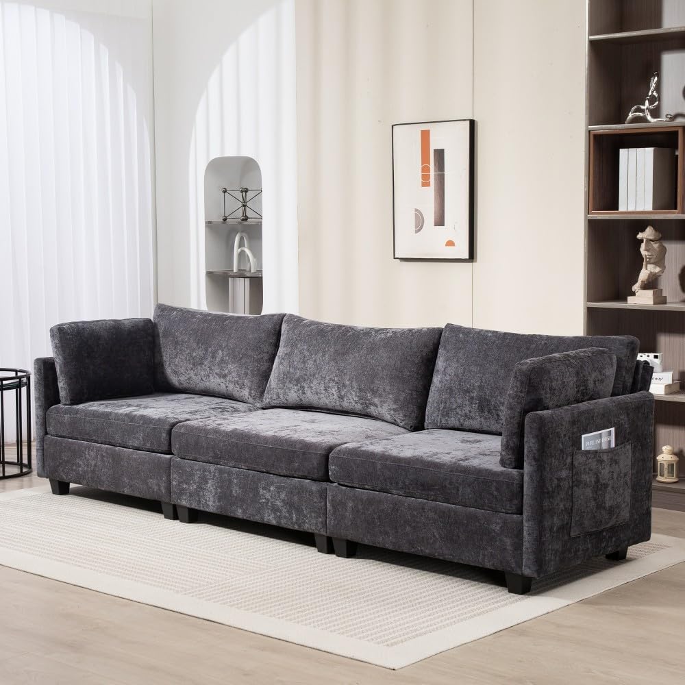 ya 28 10.13 baidi 3-Seater Dark Grey Chenille Sofa 111.42*32.28,w/ -soft Cushions&Side Pocke