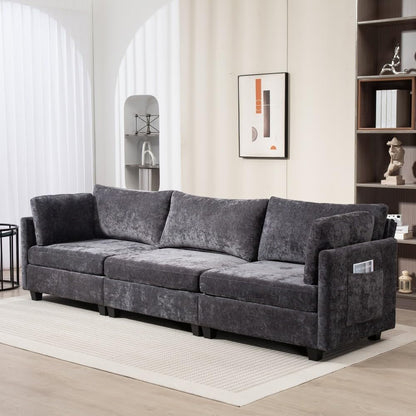 ya 28 10.13 baidi 3-Seater Dark Grey Chenille Sofa 111.42*32.28,w/ -soft Cushions&Side Pocke