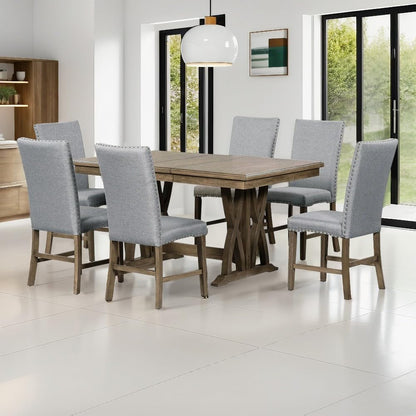 ya 28 10.13 baidi 7-Piece Solid Dining Set - Gray Cushion,Extendable Table (12 Leaf), 6 Chai
