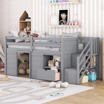 ya 28 10.13 baidi Low Loft Bed Gray Stairs Solid Wood Bed W/Drawer & Shelf