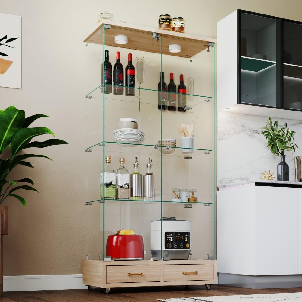ya 28 10.13 baidi Modern Natural Glass Display Cabinet ¨C 2 Drawers, LED Lights, 4 Shelves