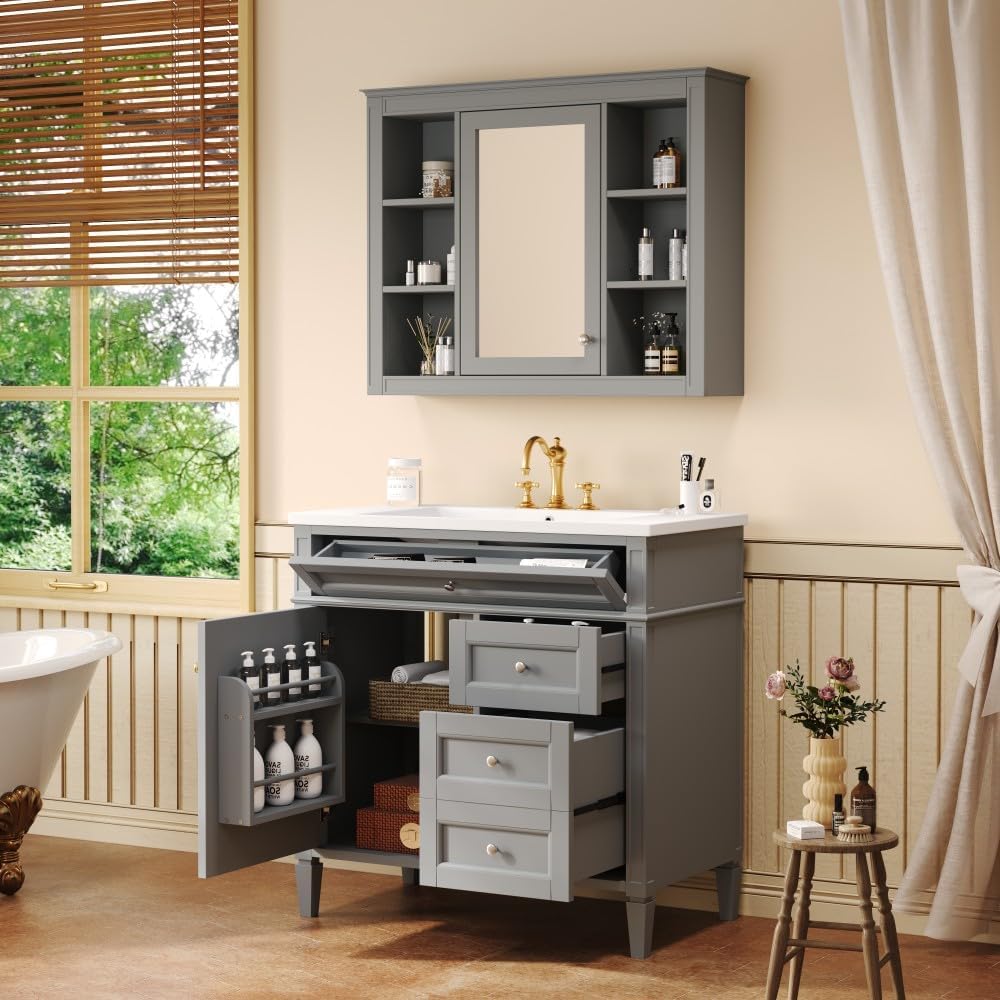 ya 28 10.13 baidi 36'' Gray Bathroom Vanity Cabinet Sink Mount Mirror Cabinet