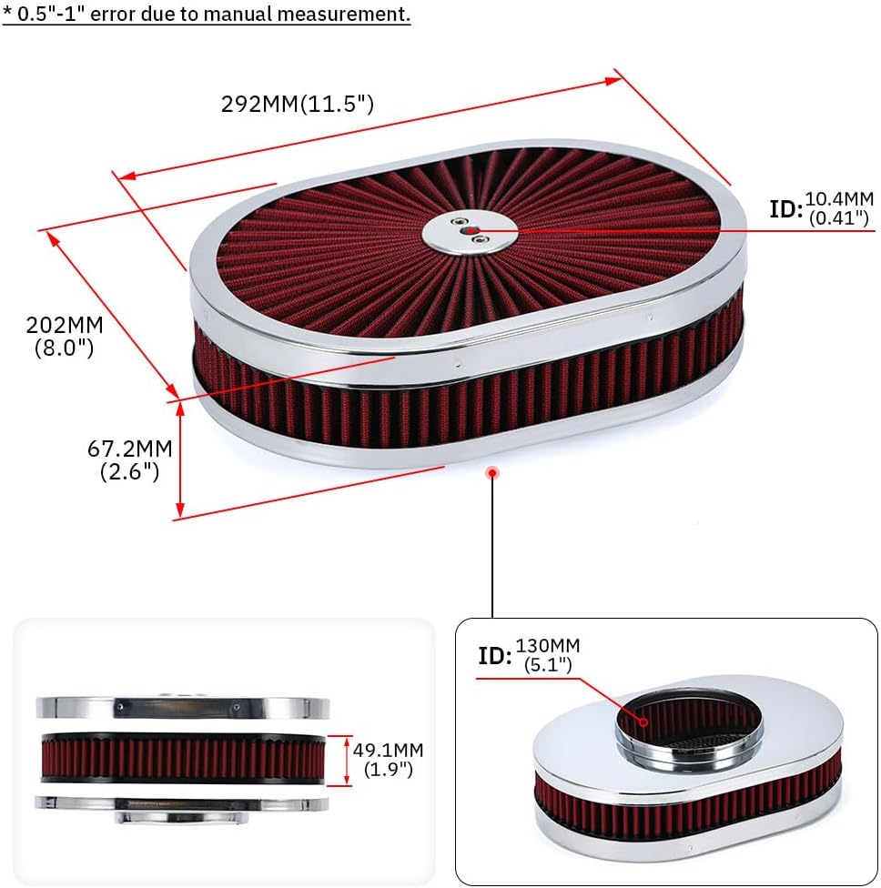 ya 5 8.24 baidi Universal Super Flow 12 Oval Washable Air Cleaner Red Element & Chrome Lid GM