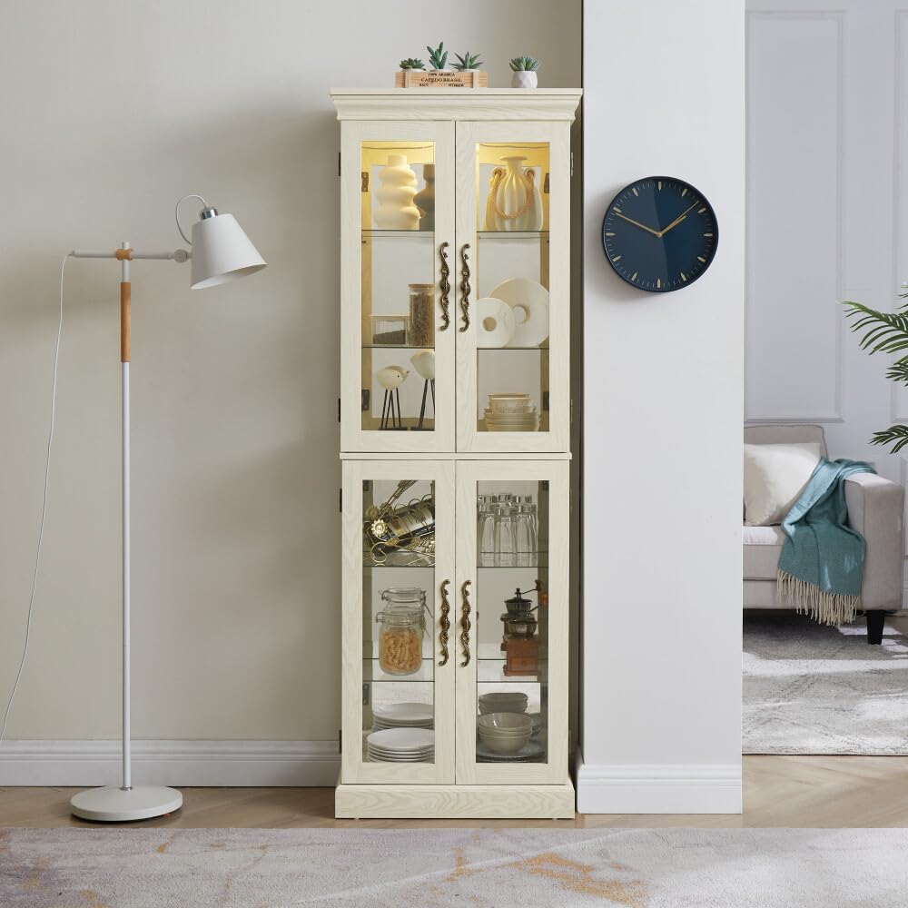 ya 28 10.13 baidi White Lighted Glass Curio Cabinet Wood Frame, Display/Wine Storage, w/Bulb