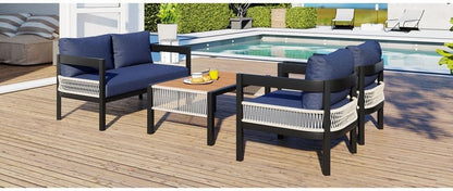 ya 28 10.13 baidi U-Style Blue Multi-Person Iron Sofa Set - Table, Rattan Decor