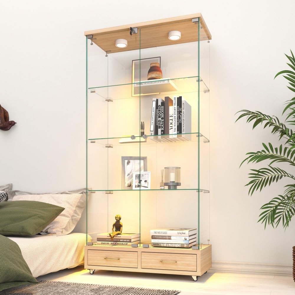 ya 28 10.13 baidi Modern Natural Glass Display Cabinet ¨C 2 Drawers, LED Lights, 4 Shelves