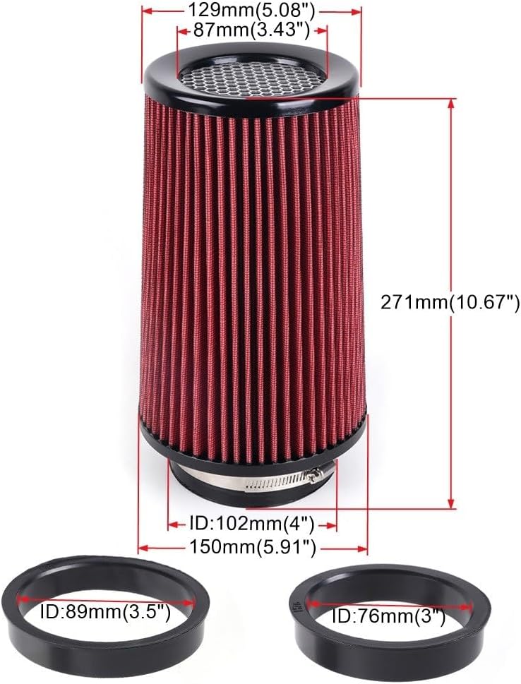 ya 13 9.15 baidi 3 3.5 4 Cold Air Intake Filter Inlet 3 Sizes in 1 10.5 Tall Universal Red