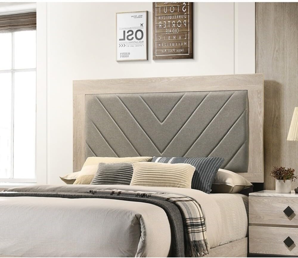 ya 28 10.13 baidi California King Bed, Gray V-Design Headboard, Cream Finish, Rubberwood Bedf