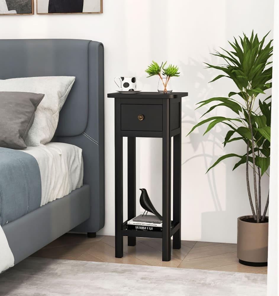 ya 28 10.13 baidi Black 2 Tier Slim Nightstand Bedside Table Drawer Shelf