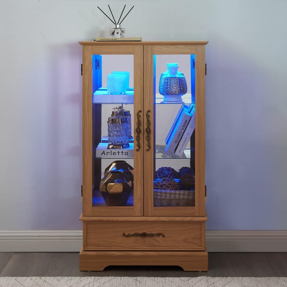 ya 28 10.13 baidi Light Oak Lighted Glass Curio Cabinet - 2 Doors, 1 Drawer, Adjustable Shelv