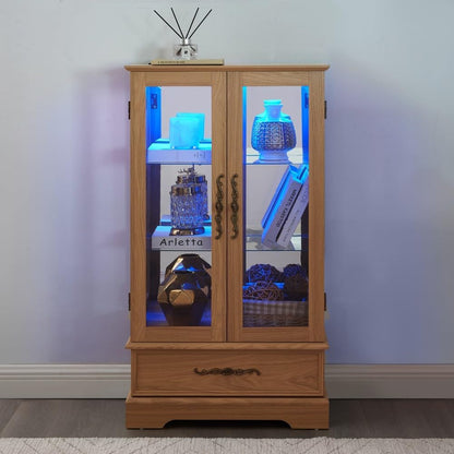 ya 28 10.13 baidi Light Oak Lighted Glass Curio Cabinet - 2 Doors, 1 Drawer, Adjustable Shelv