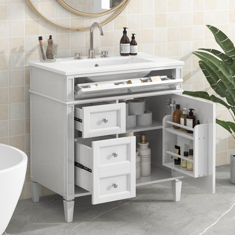 ya 28 10.13 baidi 30'' Bathroom Vanity Modern w/ Single Sink, 2 Drawers + Tip-out Drawer, Whi