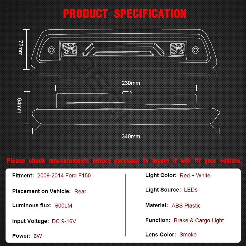 ya 7 8.24 baidi Smoke 3rd Third Brake Light LED Rear Roof Cargo Lamp For 2009-2014 for Ford F-150 US
