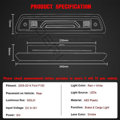 ya 7 8.24 baidi Smoke 3rd Third Brake Light LED Rear Roof Cargo Lamp For 2009-2014 for Ford F-150 US