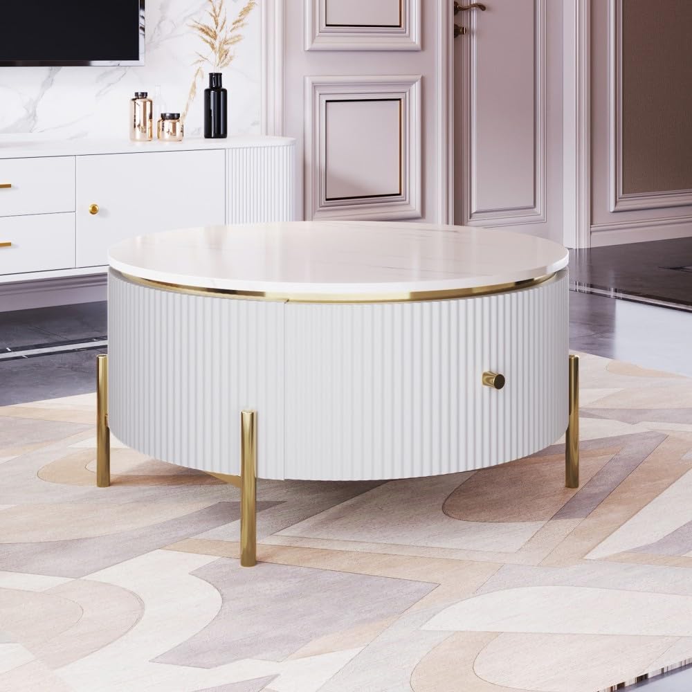 ya 28 10.13 baidi Modern Round Coffee Table 2 Large Drawers Storage Accent Table(31.5'')