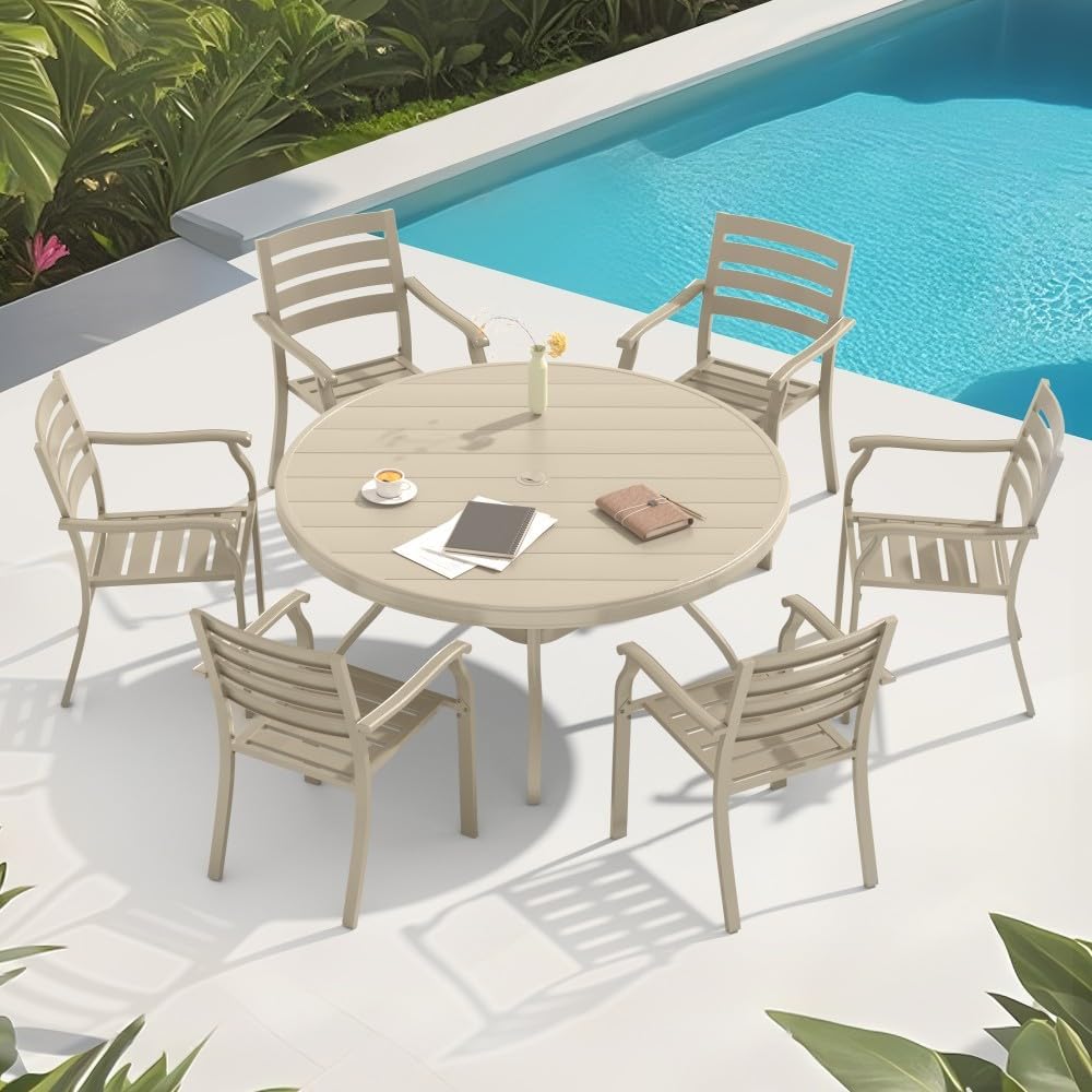 ya 28 10.13 baidi 7-Piece Dining Set - 52.95 Round Metal Table+6 Stackable Metal Chairs,Sand