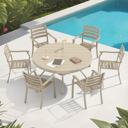 ya 28 10.13 baidi 7-Piece Dining Set - 52.95 Round Metal Table+6 Stackable Metal Chairs,Sand