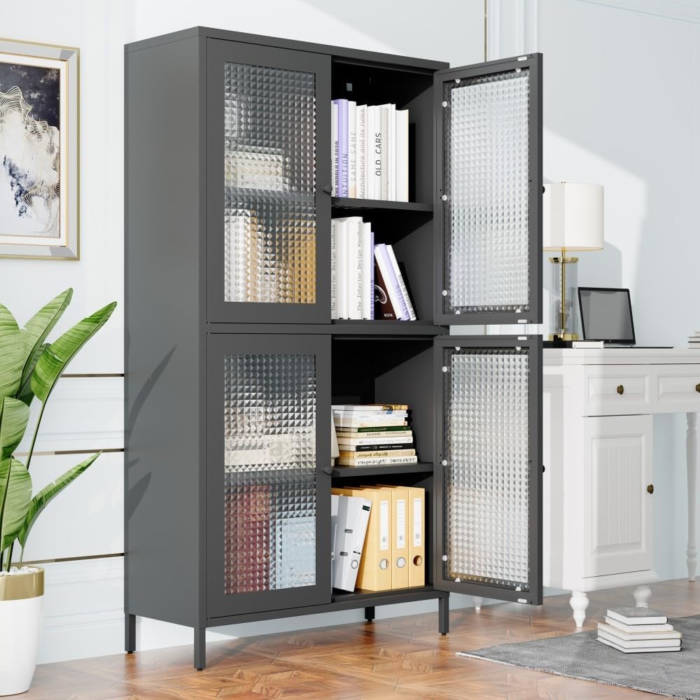 ya 28 10.13 baidi Black Classic Metal Tempered Glass Storage Cabinet - 4 Glass Doors, 4 Shelv