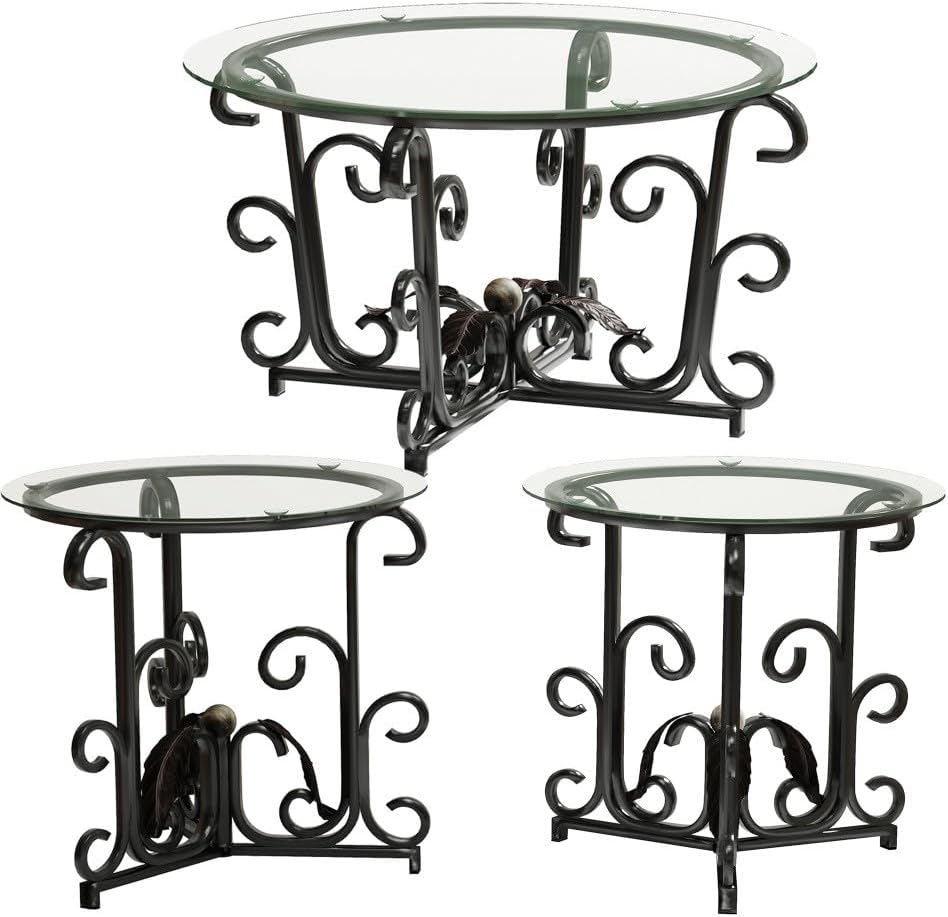 ya 28 10.13 baidi 3-Piece Black Coffee Table Set-Tempered Glass/Metal Frame,1 Coffee+2 End Ta