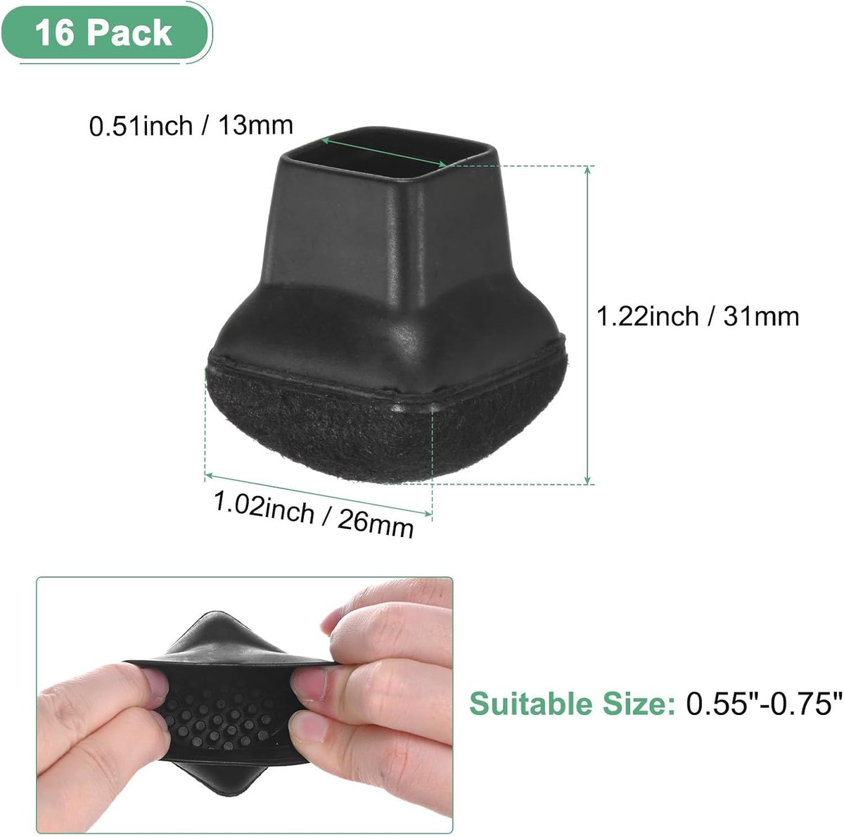 ya 26 10.21 baidi 16-Pack Chair Leg Floor Protectors, 0.55-0.75 Silicone Square C [Black]